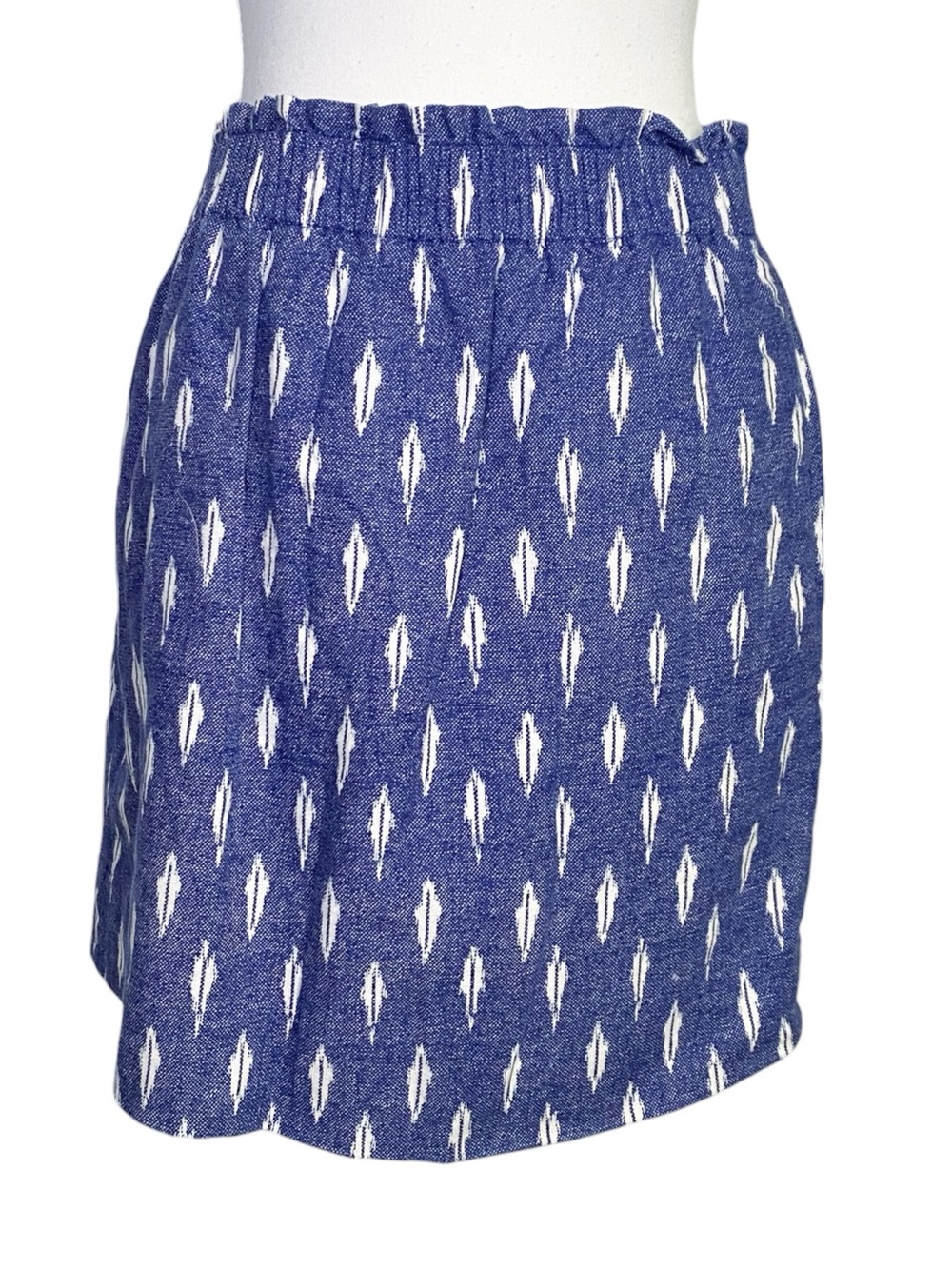 J.Crew Blue & White Ikat Linen Cotton Smocked Waist Mini Skirt Size 2